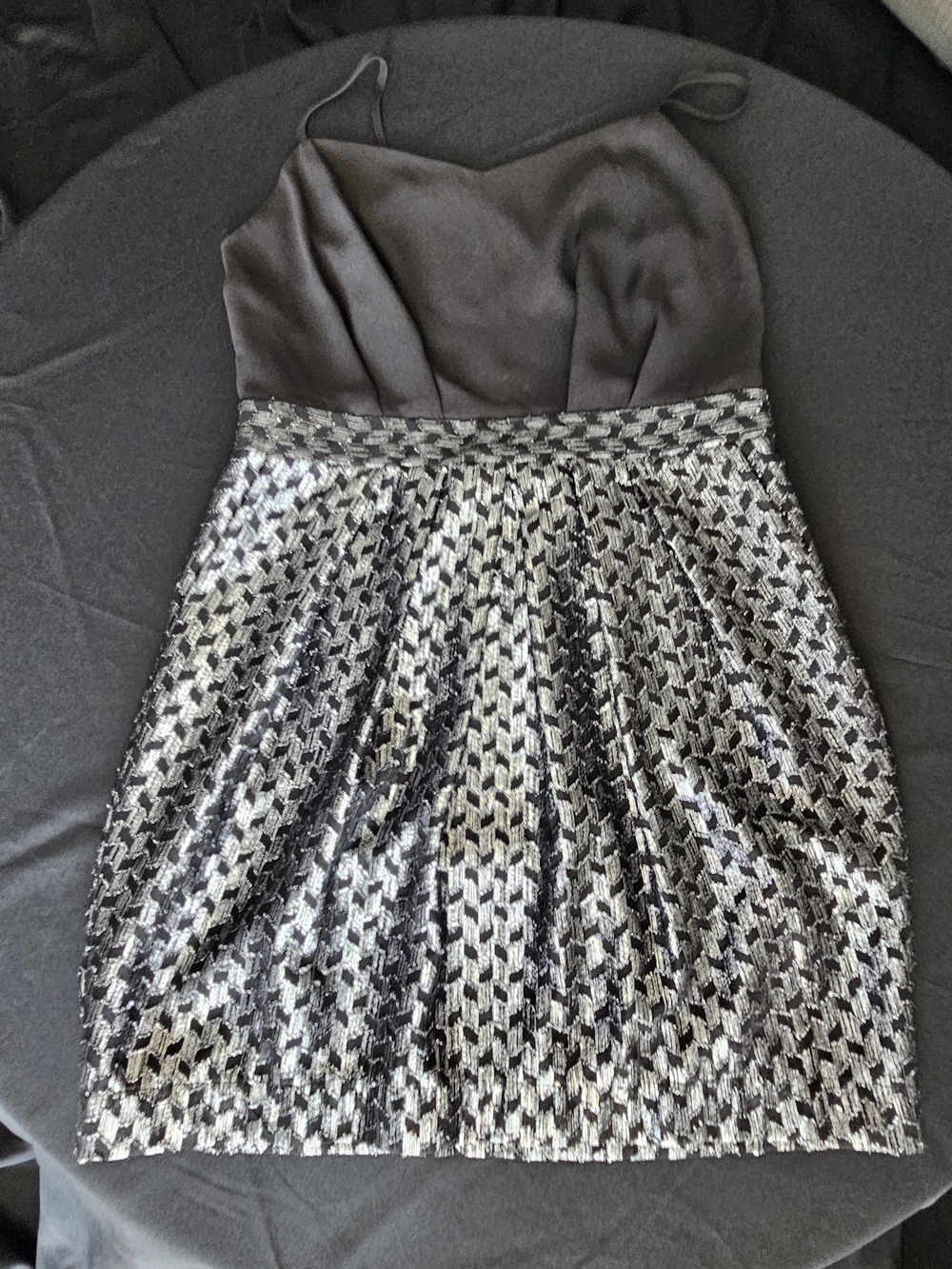 BCBGeneration Black and Silver Sequin Strapless Mini Dress